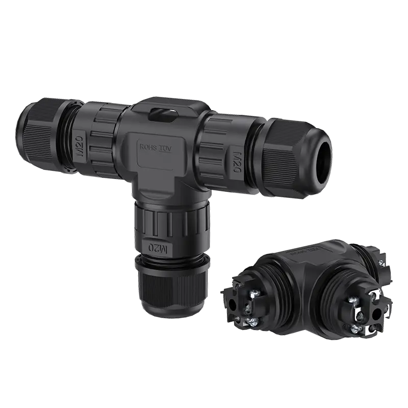 M20T IP68 Waterproof 3 Way T Shape Connector 4 Pin Three Way Screw Type Waterproof Outdoor Cable Connector