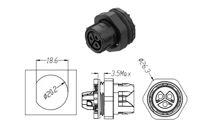 M19MF 3 Pins Waterproof Outdoor Cable Connector Screw Front Panel Waterproof Connector