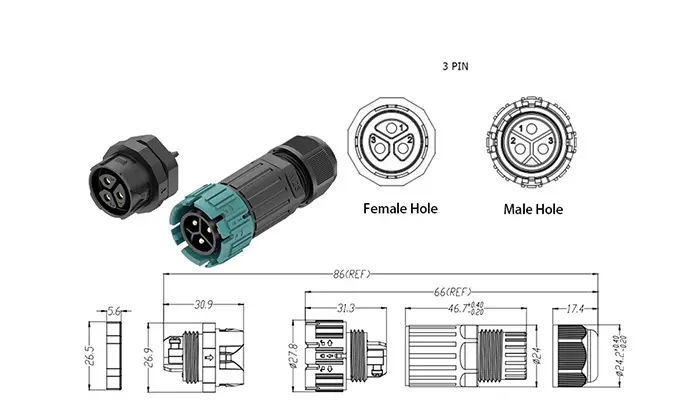 M23MP IP68 Waterproof Cable Connector 3 Pins Male Female Rear Panel Screwless Connectors