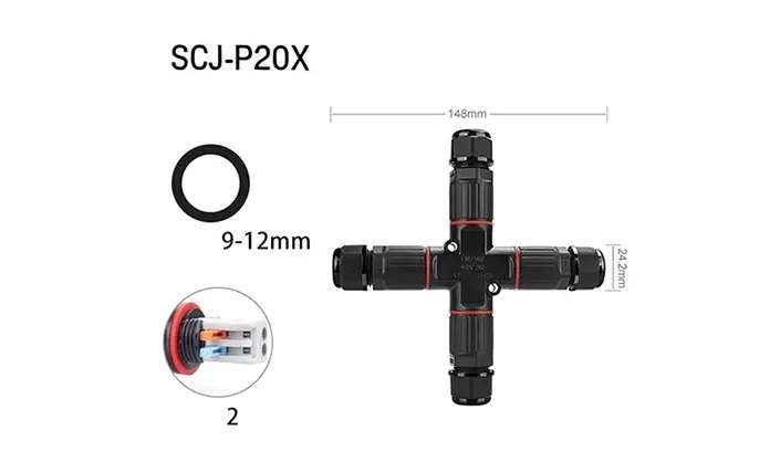 P20X IP68 Cross Type Cable Connectors Waterproof 2 Pin Outdoor Waterproof Electrical Connector