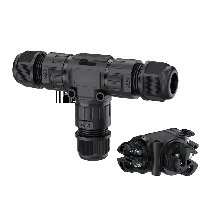 M20T-BB IP68 Waterproof 3 Way T Shape Connector 3 Pin Screw Type Waterproof Outdoor Cable Connector