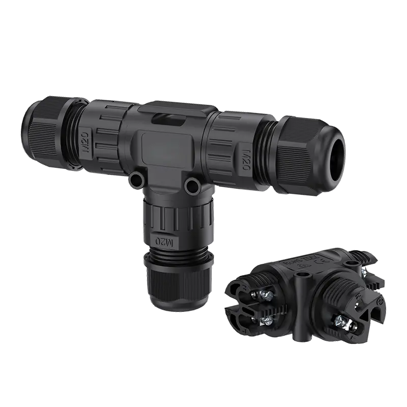 M20T-BB 2 Pin Three Way T Type Outdoor Waterproof Cable Connector Screw Type Cable Connector IP68 Waterproof