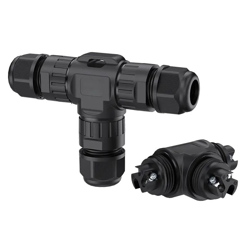 M20T-YB 2 Pin Three Way T Type Waterproof Outdoor Electrical Cable Screw Type Cable Connector