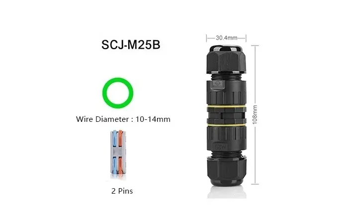 M25B Waterproof Outdoor Cable Connector 2 Pin Circular Plug Socket 24A Power Screwless Waterproof Connector