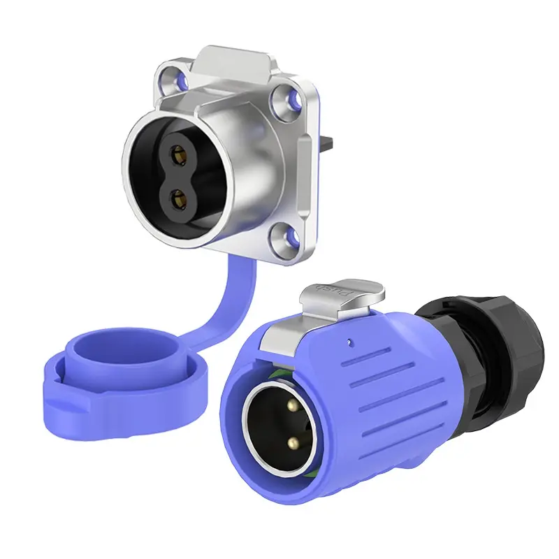LP20 Blue 2Pin Screw Type Outdoor Waterproof Electrical Wire Connector 20A Power Flange Metal + Plastic