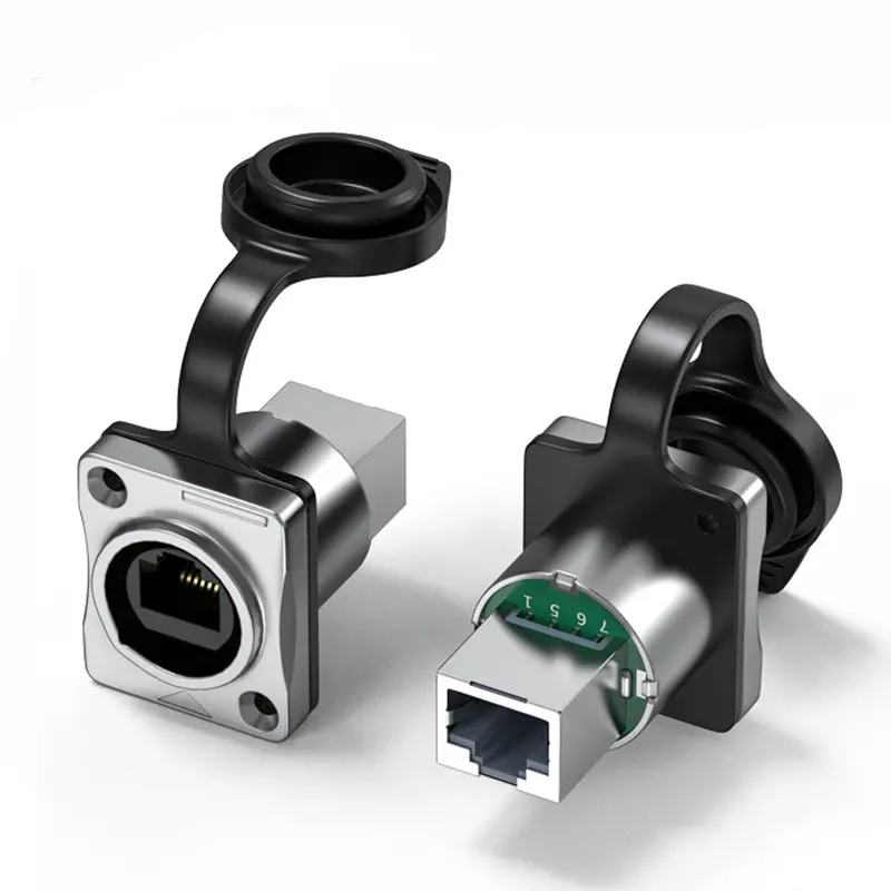 ER- RJ45 Flange Waterproof Connectors Yellow Dual Network Port Socket 180° Cat6 Buckle Type