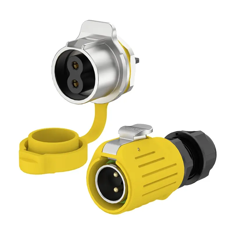 LP20 Yellow 2Pin Screw Type Waterproof Plug Connectors Panel Metal + Plastic 20A Power