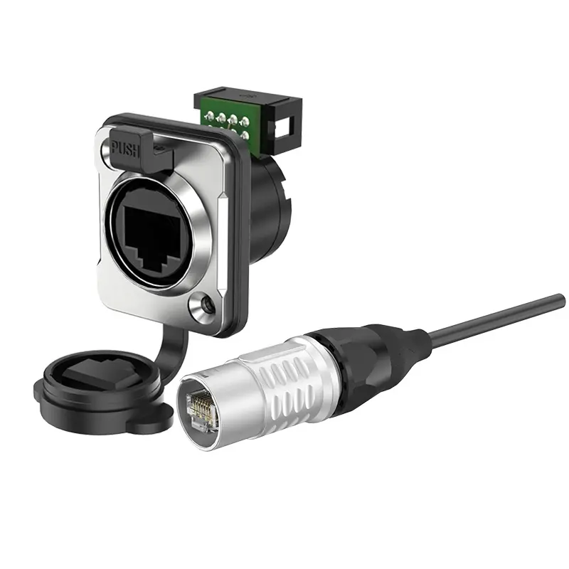 ER- RJ45 Flange Waterproof RJ45 Electrical Waterproof Connectors Metal Buckle Type 2x4pin Single Plug