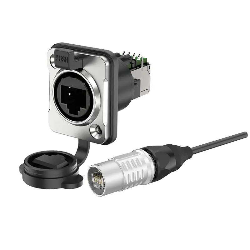 ER- RJ45 Flange Waterproof RJ45 Electrical Waterproof Connectors Metal Buckle Type 90° Double Plug