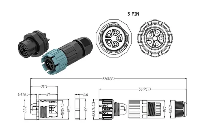 M19MP 5 Pins Waterproof Outdoor Cable Connector Front Panel Male Female Waterproof Connector