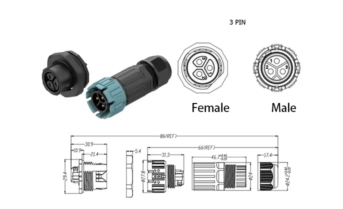 M23MP Screwless Quick Wiring Waterproof Connector 3 Pins Front Panel Male Female Screwless Connectors