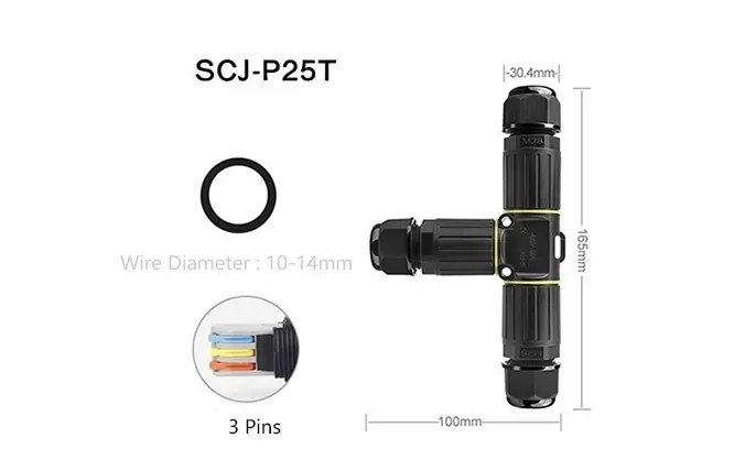 P25T 3 Pin T Type Outdoor Waterproof Cable Connector Three Way Screw Type Cable Connectors Waterproof
